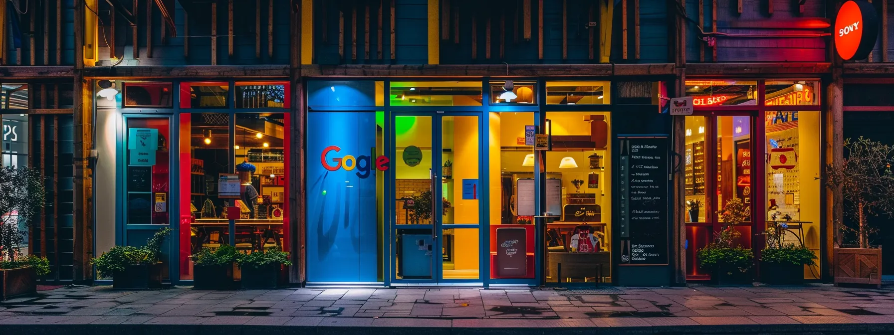 a colourful hostel facade with a prominent google my business sign, surrounded by vibrant local landmarks and glowing reviews.