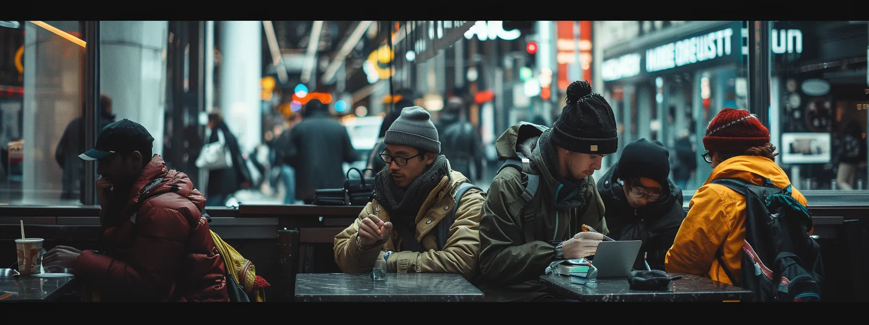 a group of diverse travellers researching hostels online, captured in a modern, bustling city setting.