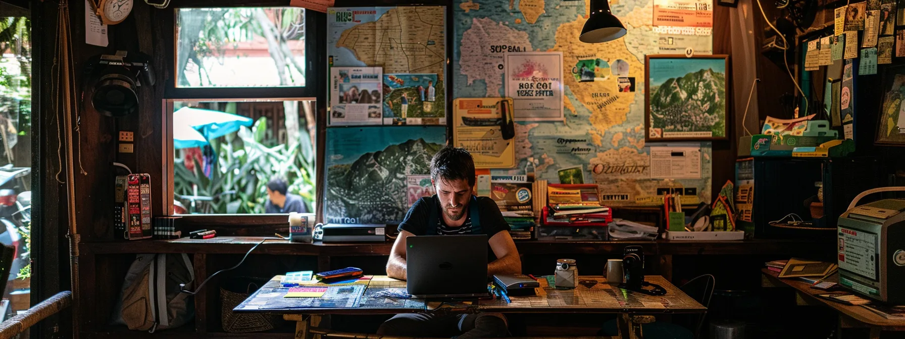 a hostel owner enthusiastically writing a blog post on a laptop surrounded by travel souvenirs, maps, and photos of local attractions.