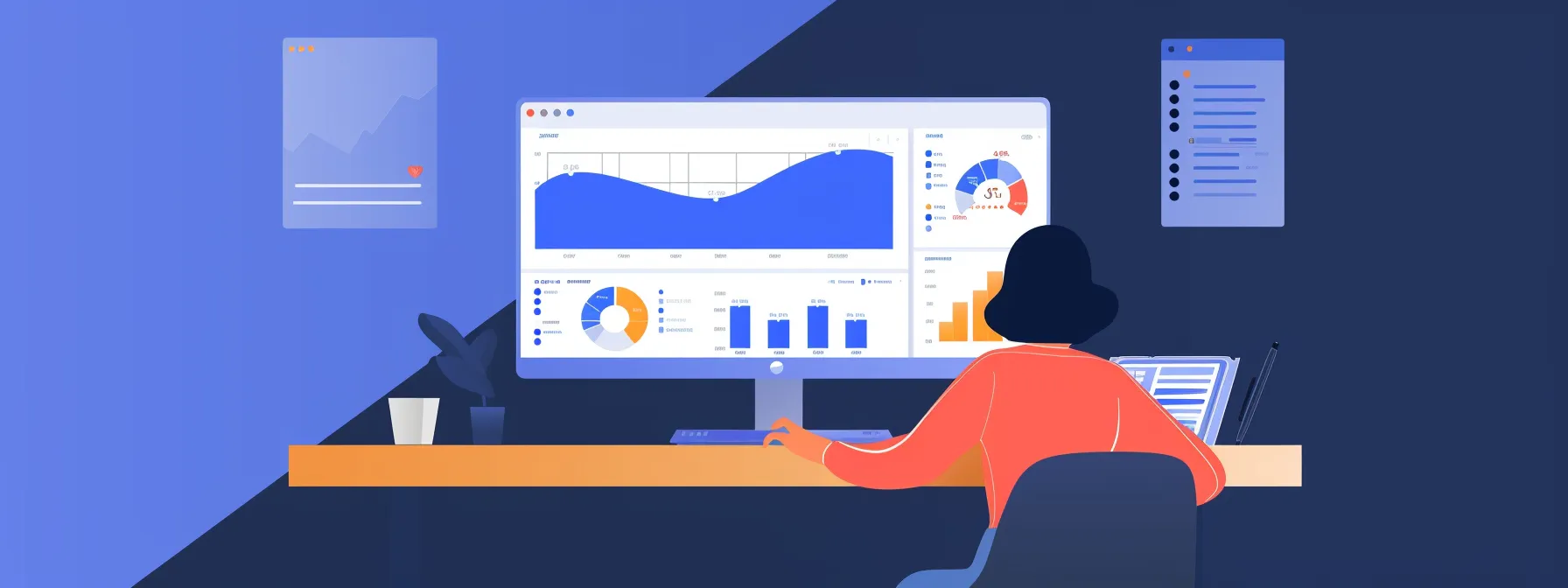 a person sits at a desk with a computer screen displaying detailed seo analytics, surrounded by charts and graphs highlighting website traffic and search ranking improvements.