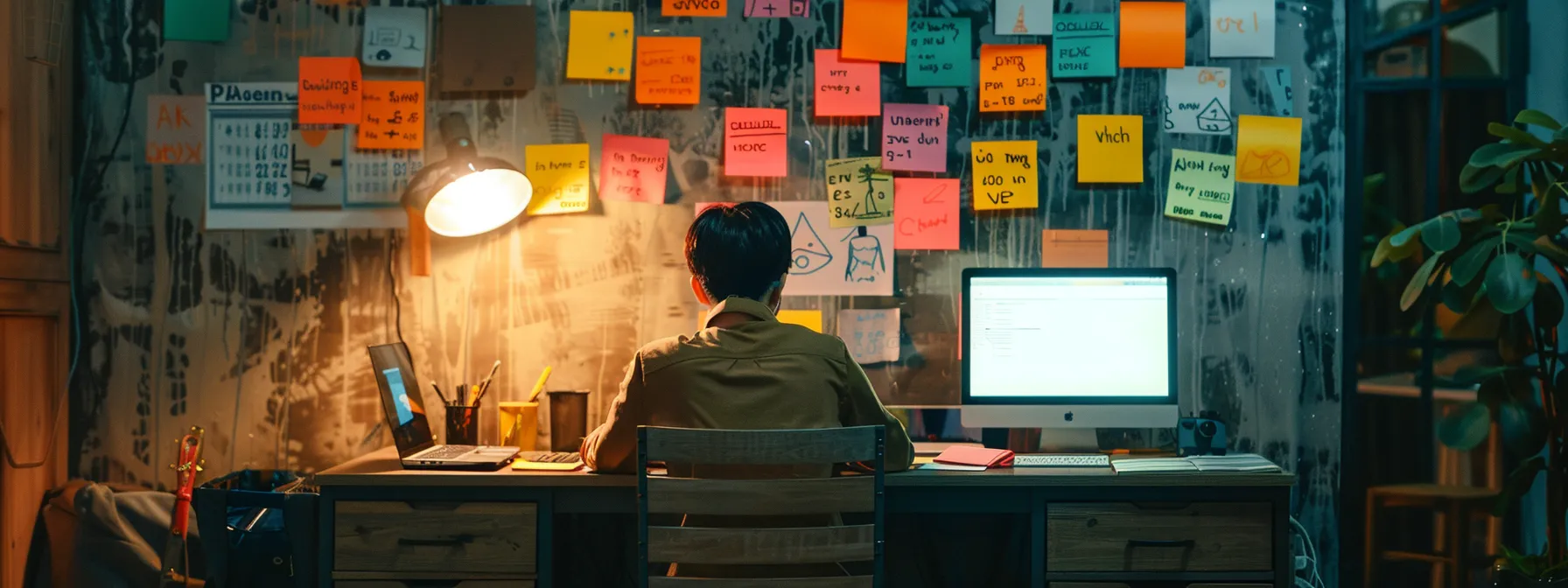 a person sitting at a desk surrounded by colourful sticky notes with various hostel-related keywords written on them, typing on a laptop with a focused expression.