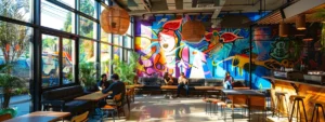 a vibrant hostel lobby bustling with travellers, with colourful murals adorning the walls and a cozy seating area illuminated by natural light streaming through large windows.