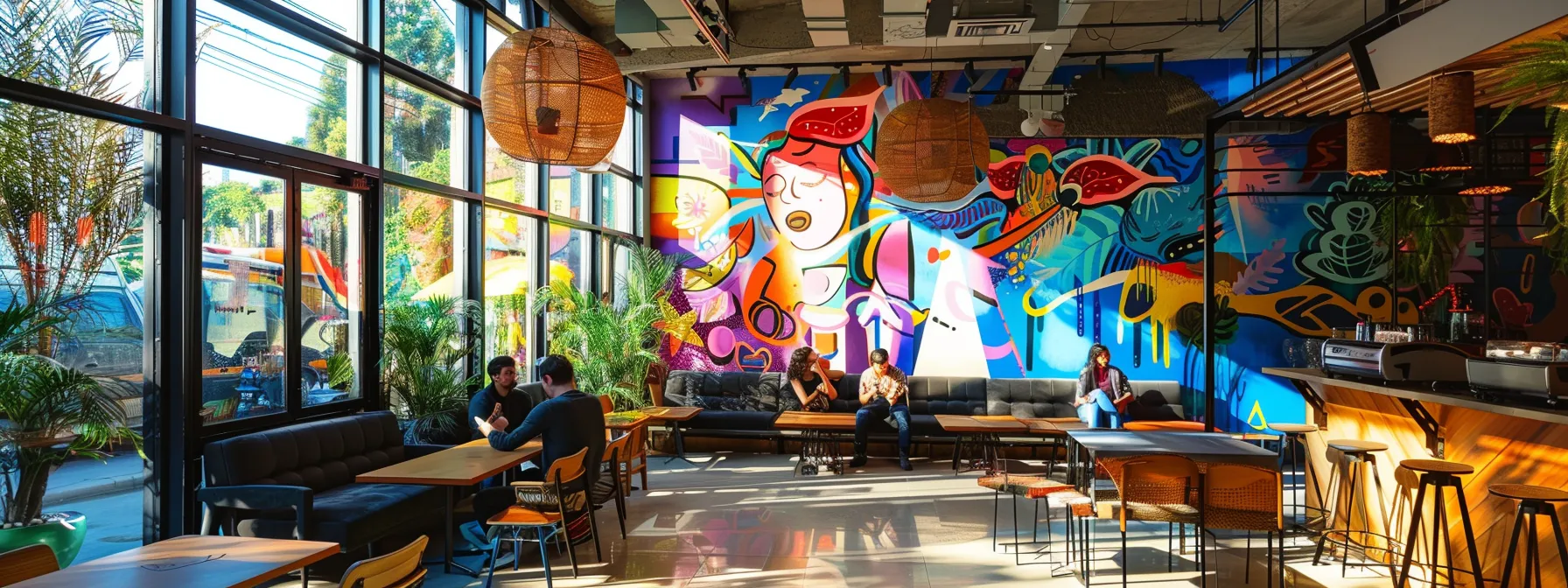 a vibrant hostel lobby bustling with travellers, with colourful murals adorning the walls and a cozy seating area illuminated by natural light streaming through large windows.